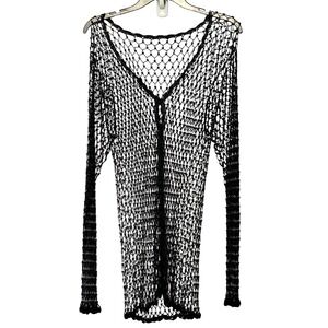 Black Macrame Beaded Sheer Long Sleeve Duster Cardigan 90s Whimsigoth